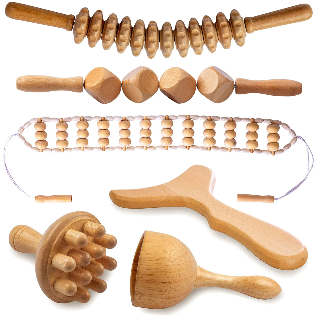 lianjindun 6 in 1 Wood Therapy Massage Tools Maderoterapia kit Wood Therapy Set Lymphatic Drainage Massager Wooden Gua Sha Tools Wooden Massager Roller Rope for Body Shaping Anti Cellulite - TrueForm Goods