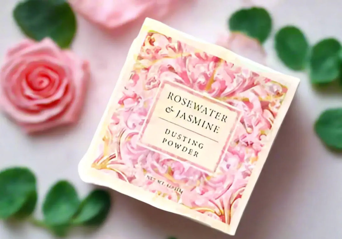 Elegant botanical rosewater and jasmine dusting powder box with floral design and rose accents.