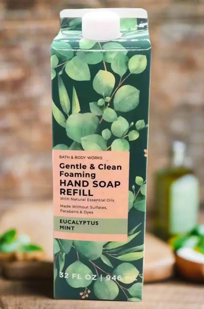 Eucalyptus Mint Foaming Hand Soap Refill in 32oz carton with natural essential oils for gentle cleaning.