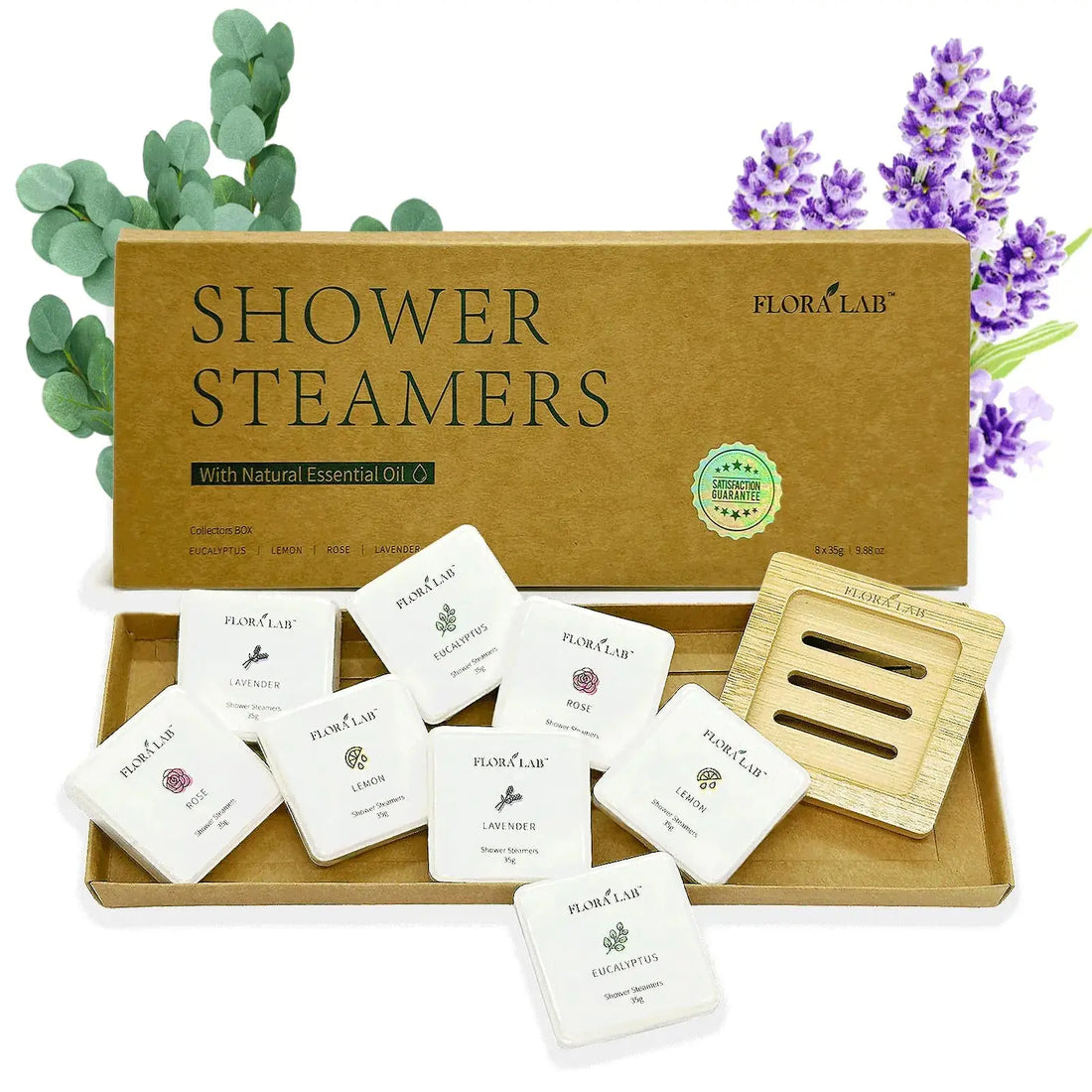 Flora Lab Shower Steamers Aromatherapy - Pack of 8 (4 Scents) with Bamboo Tray - Natural Essential Oils for Stress Relief Congestion &amp; Relaxation - Perfect Self-Care Gifts for Women &amp; Men - TrueForm Goods 