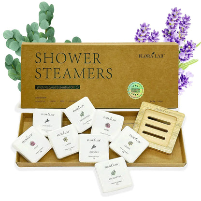Flora Lab Shower Steamers Aromatherapy - Pack of 8 (4 Scents) with Bamboo Tray - Natural Essential Oils for Stress Relief Congestion &amp; Relaxation - Perfect Self-Care Gifts for Women &amp; Men - TrueForm Goods 