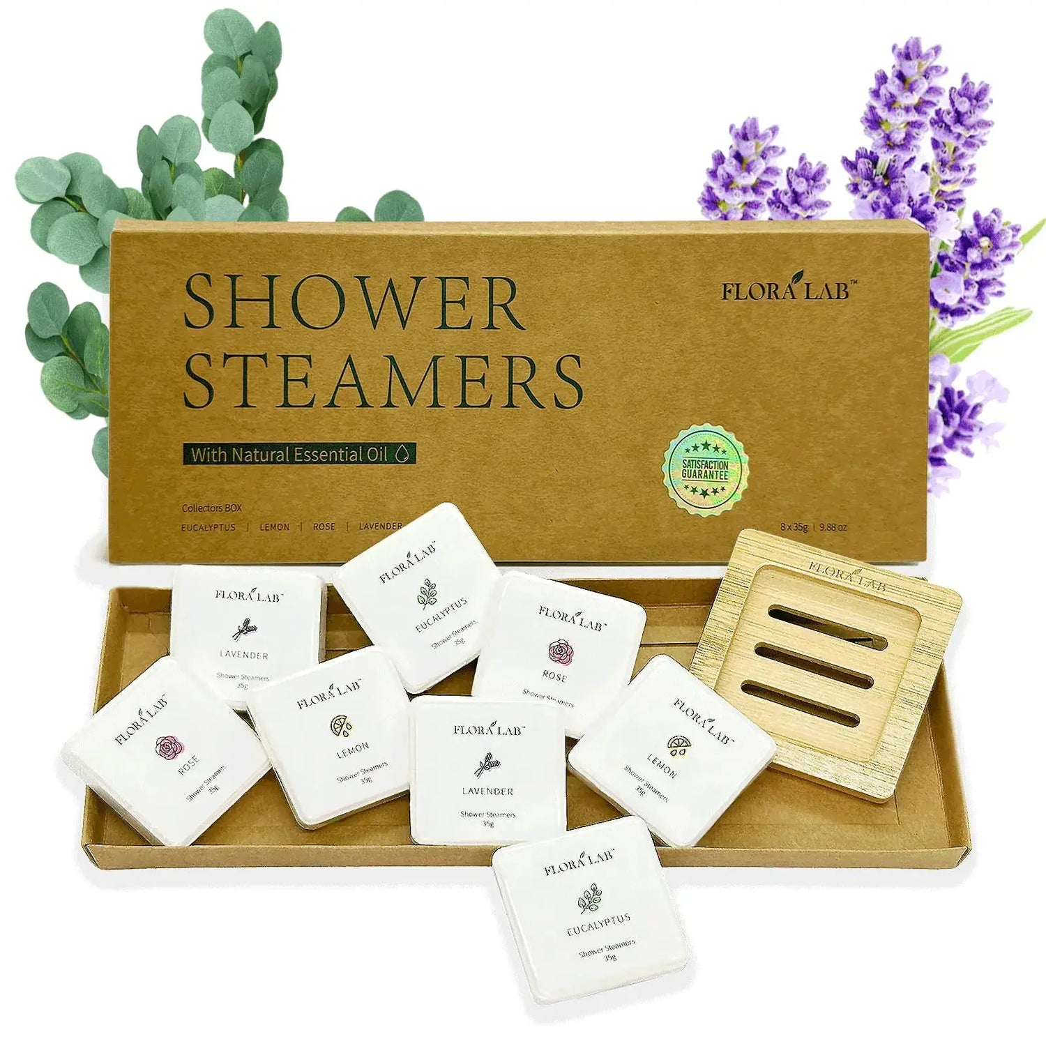 Flora Lab Shower Steamers Aromatherapy - Pack of 8 (4 Scents) with Bamboo Tray - Natural Essential Oils for Stress Relief Congestion &amp; Relaxation - Perfect Self-Care Gifts for Women &amp; Men - TrueForm Goods 