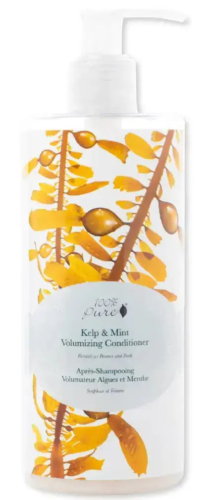 Kelp &amp; Mint Volumizing Hydrating Conditioner bottle with a floral design, ideal for adding volume and hydration to hair.