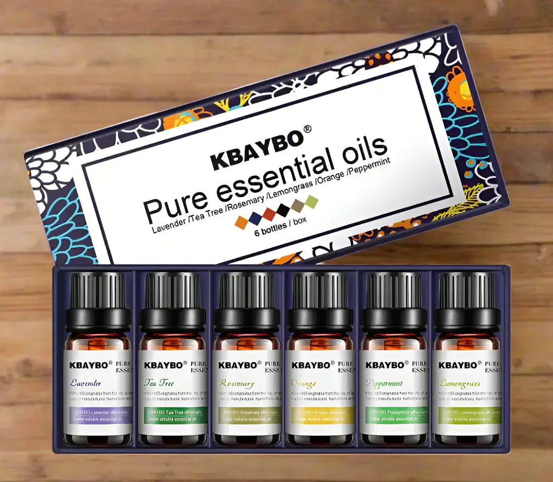 KBAYBO pure essential oils set includes lavender, tea tree, rosemary, lemongrass, orange, and peppermint.